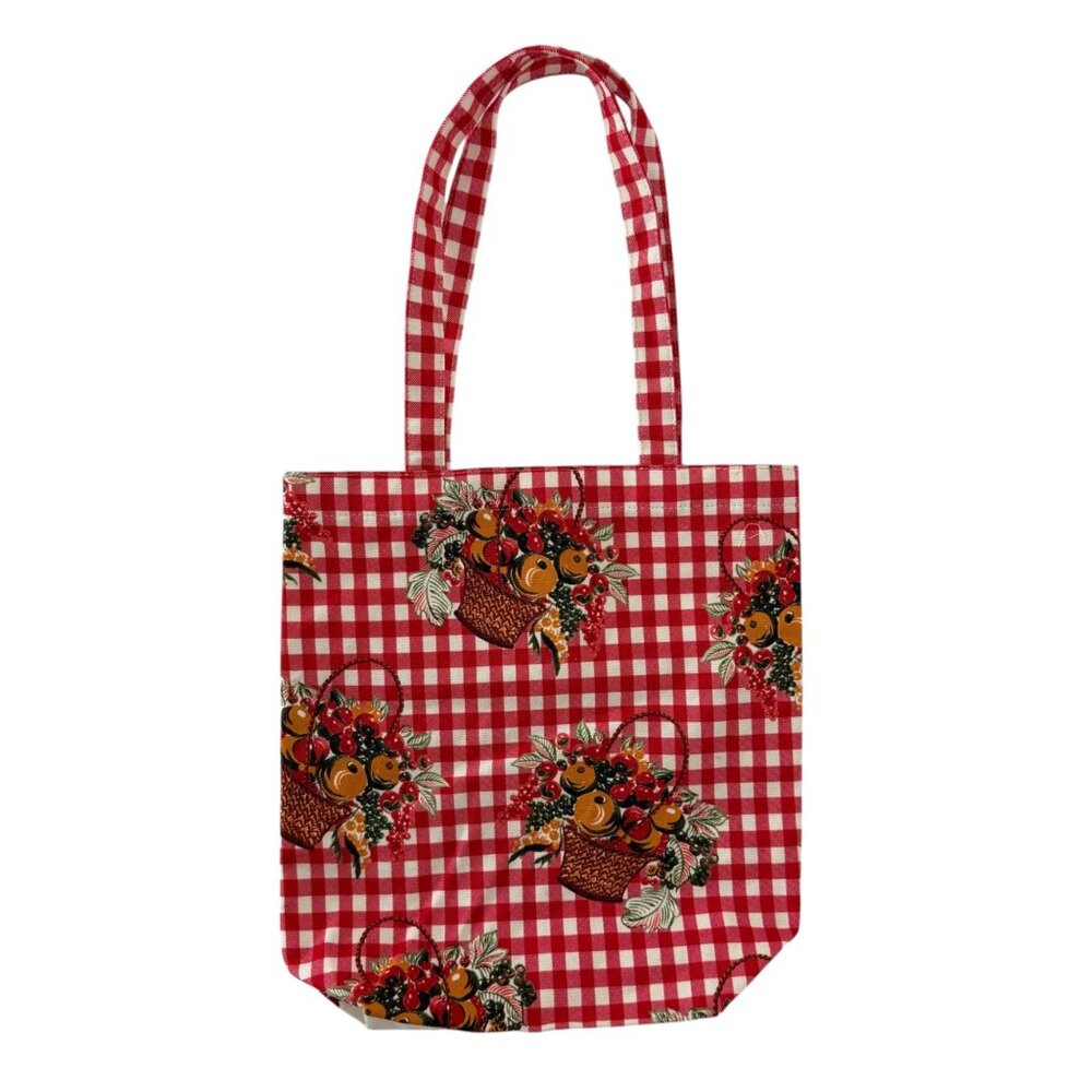 Tory Burch Red Fruits de Marche Plaid Gingham Market Tote Shopping Canvas Bag - Picture 2 of 16